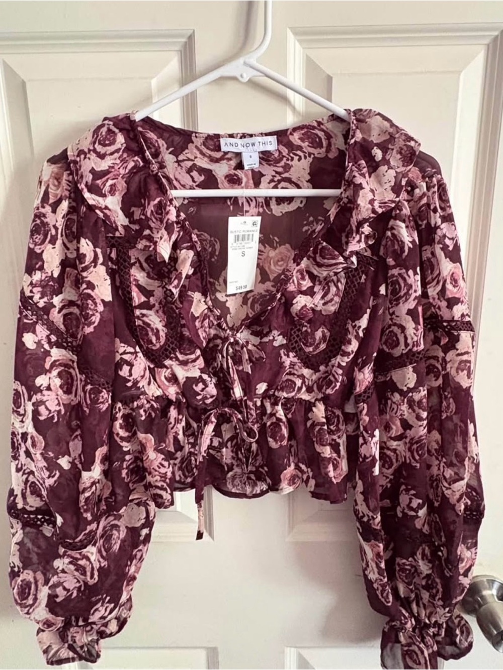 Floral Ruffle Tie-Front Blouse - Mauve Pink